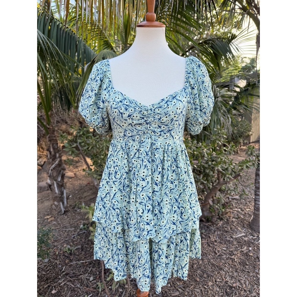 Lumiere Anthropologie Floral Tiered Puff Sleeve Dress Size S Milkmaid Cottagecor
